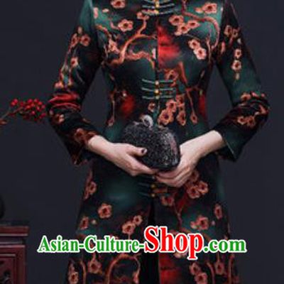 Traditional Chinese Green Silk Cheongsam Coat Mother Tang Suit Stand Collar Overcoat for Women