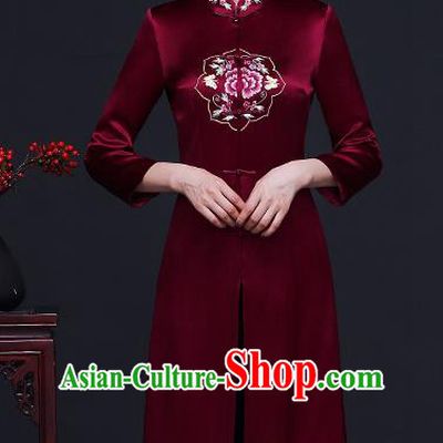 Traditional Chinese Purplish Red Silk Cheongsam Coat Mother Tang Suit Stand Collar Overcoat for Women