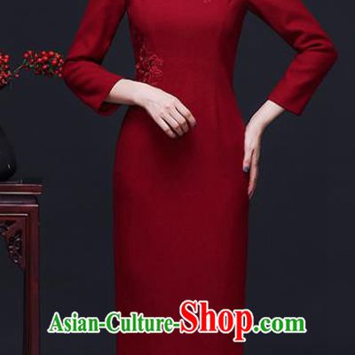 Traditional Chinese Embroidered Red Woolen Cheongsam Mother Tang Suit Qipao Dress for Women