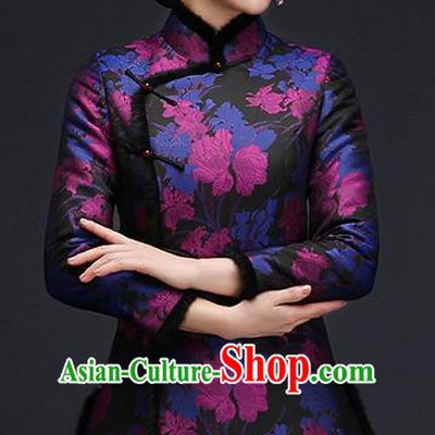 Traditional Chinese Blue Silk Cheongsam Cotton Padded Jacket Mother Tang Suit Stand Collar Overcoat for Women