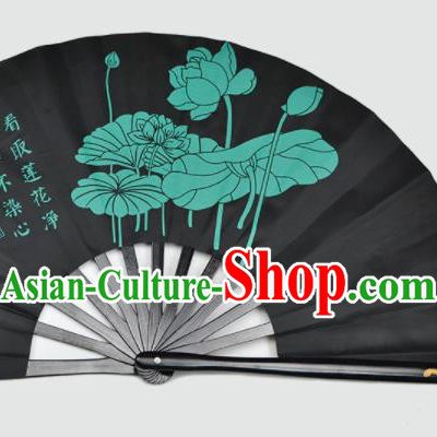 Chinese Handmade Printing Lotus Black Kung Fu Fans Accordion Fan Traditional Decoration Folding Fan