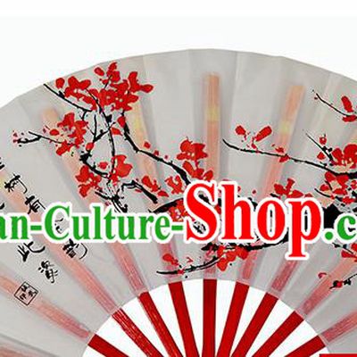 Chinese Handmade Printing Plum Blossom White Kung Fu Fans Accordion Fan Traditional Decoration Folding Fan