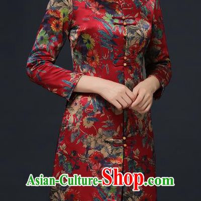Traditional Chinese Printing Red Silk Winter Cheongsam Mother Tang Suit Qipao Dress for Women