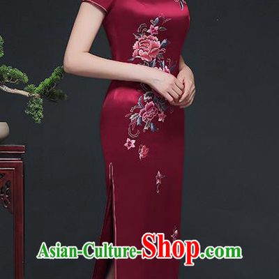Traditional Chinese Embroidered Peony Wine Red Silk Cheongsam Mother Tang Suit Qipao Dress for Women
