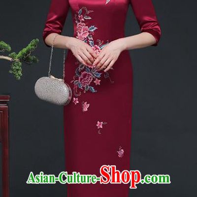 Traditional Chinese Embroidered Peony Purplish Red Silk Short Cheongsam Mother Tang Suit Qipao Dress for Women