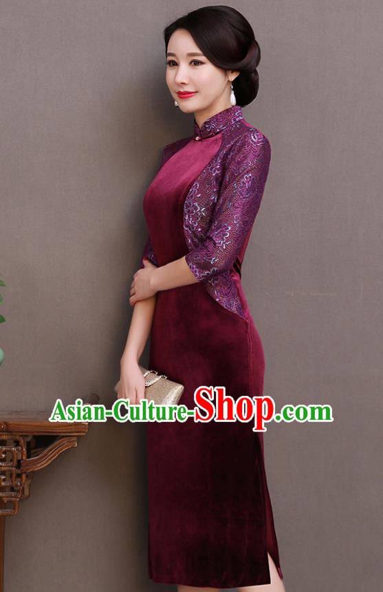 Traditional Chinese Wine Red Velvet Cheongsam Mother Tang Suit Qipao Dress for Women Traditional Chinese Wine Red Velvet Cheongsam Mother Tang Suit Qipao Dress for Women