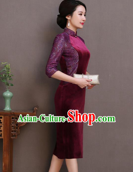 Traditional Chinese Wine Red Velvet Cheongsam Mother Tang Suit Qipao Dress for Women Traditional Chinese Wine Red Velvet Cheongsam Mother Tang Suit Qipao Dress for Women