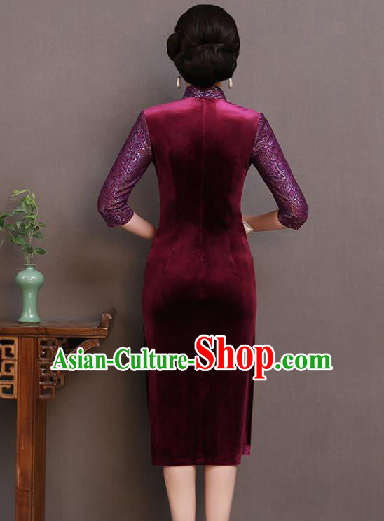 Traditional Chinese Wine Red Velvet Cheongsam Mother Tang Suit Qipao Dress for Women Traditional Chinese Wine Red Velvet Cheongsam Mother Tang Suit Qipao Dress for Women