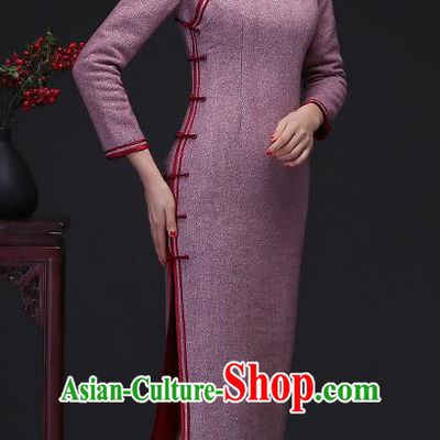 Traditional Chinese Lilac Woolen Cheongsam Mother Tang Suit Qipao Dress for Women