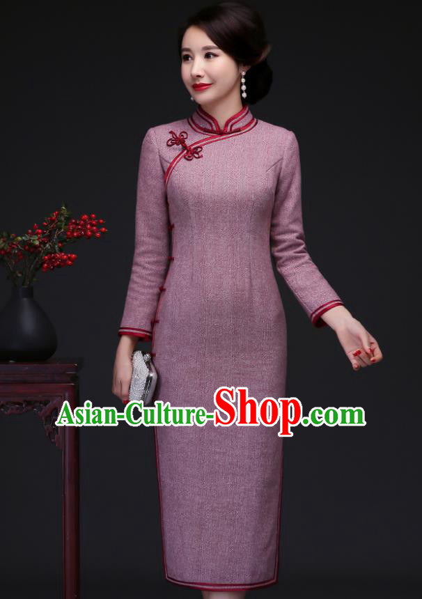 Traditional Chinese Lilac Woolen Cheongsam Mother Tang Suit Qipao Dress for Women Traditional Chinese Lilac Woolen Cheongsam Mother Tang Suit Qipao Dress for Women