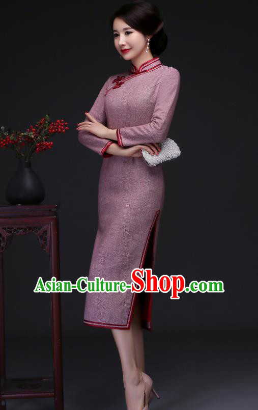Traditional Chinese Lilac Woolen Cheongsam Mother Tang Suit Qipao Dress for Women Traditional Chinese Lilac Woolen Cheongsam Mother Tang Suit Qipao Dress for Women