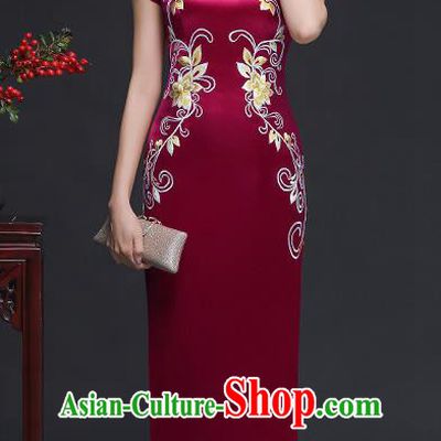 Traditional Chinese Embroidered Wine Red Silk Cheongsam Mother Tang Suit Qipao Dress for Women