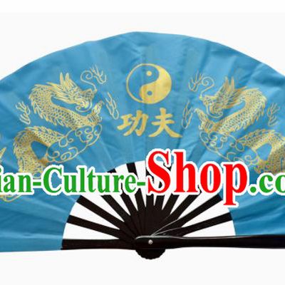 Chinese Handmade Martial Arts Printing Dragons Blue Fans Accordion Fan Traditional Kung Fu Folding Fan
