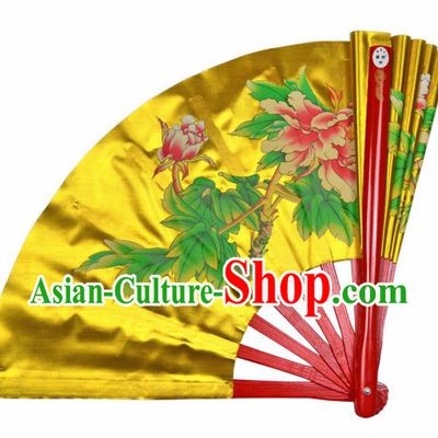 Chinese Handmade Martial Arts Printing Peony Yellow Silk Fans Accordion Fan Traditional Kung Fu Folding Fan