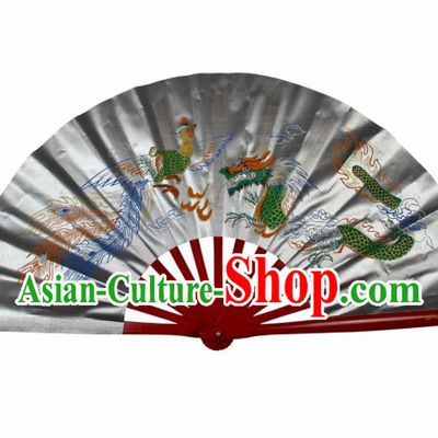 Chinese Handmade Martial Arts Printing Dragon Phoenix Grey Silk Fans Accordion Fan Traditional Kung Fu Folding Fan