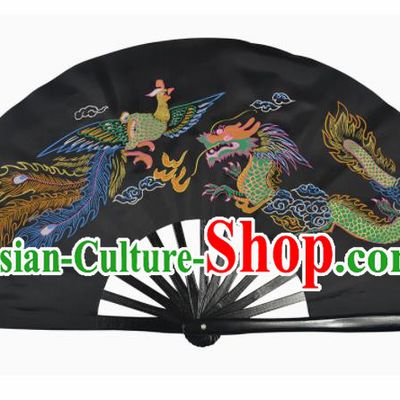 Chinese Handmade Martial Arts Printing Dragon Phoenix Black Silk Fans Accordion Fan Traditional Kung Fu Folding Fan