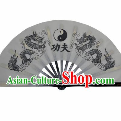 Chinese Handmade Martial Arts Printing Dragons Grey Silk Fans Accordion Fan Traditional Kung Fu Folding Fan