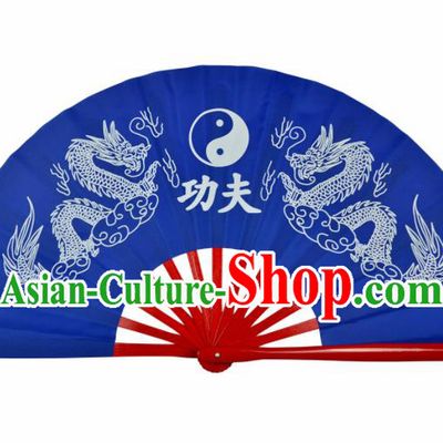 Chinese Handmade Martial Arts Printing Dragons Royalblue Silk Fans Accordion Fan Traditional Kung Fu Folding Fan