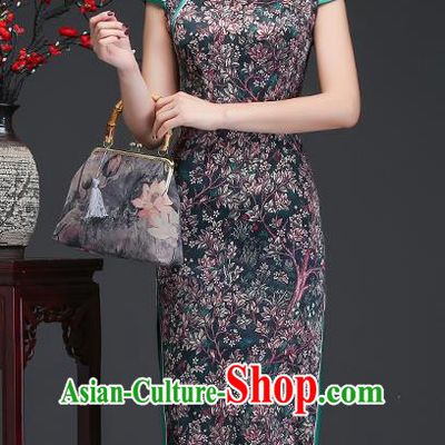 Traditional Chinese Printing Deep Green Silk Cheongsam Mother Tang Suit Qipao Dress for Women