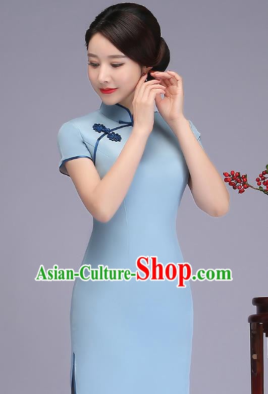 Traditional Chinese Blue Silk Cheongsam Mother Tang Suit Qipao Dress for Women Traditional Chinese Blue Silk Cheongsam Mother Tang Suit Qipao Dress for Women