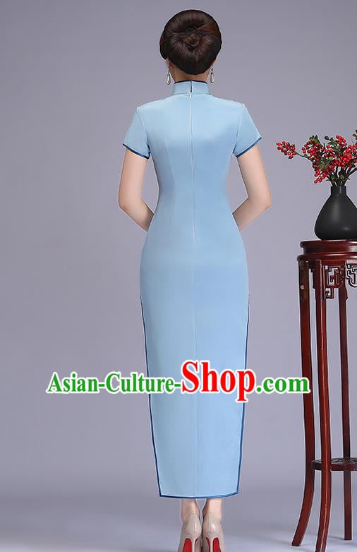Traditional Chinese Blue Silk Cheongsam Mother Tang Suit Qipao Dress for Women Traditional Chinese Blue Silk Cheongsam Mother Tang Suit Qipao Dress for Women