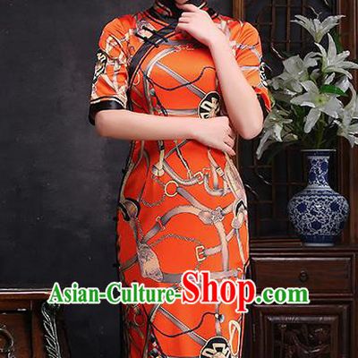 Traditional Chinese Printing Orange Silk Cheongsam Mother Tang Suit Qipao Dress for Women