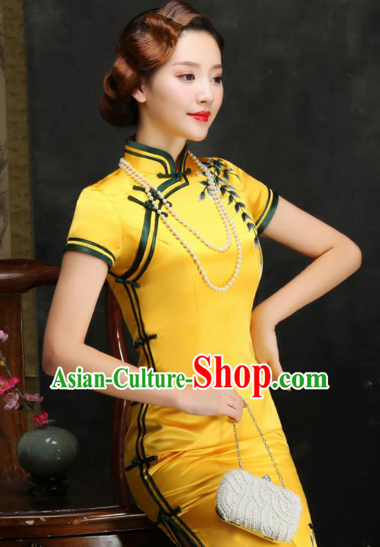 Traditional Chinese Embroidered Yellow Silk Cheongsam Mother Tang Suit Qipao Dress for Women Traditional Chinese Embroidered Yellow Silk Cheongsam Mother Tang Suit Qipao Dress for Women