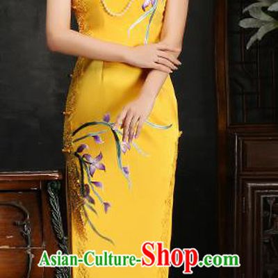 Traditional Chinese Embroidered Orchid Yellow Silk Cheongsam Mother Tang Suit Qipao Dress for Women