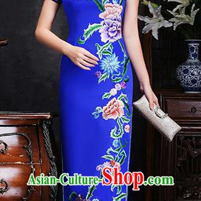 Traditional Chinese Embroidered Peony Royalblue Silk Cheongsam Mother Tang Suit Qipao Dress for Women