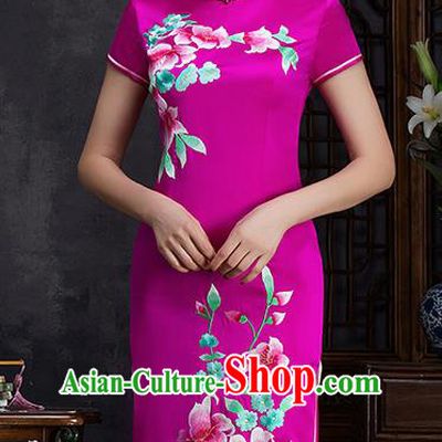 Traditional Chinese Embroidered Flowers Rosy Silk Cheongsam Mother Tang Suit Qipao Dress for Women