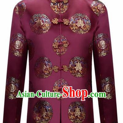 Traditional Chinese Purple Brocade Cotton Padded Coat New Year Tang Suit Stand Collar Overcoat for Old Men