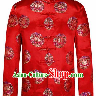 Traditional Chinese Red Brocade Cotton Padded Coat New Year Tang Suit Stand Collar Overcoat for Old Men