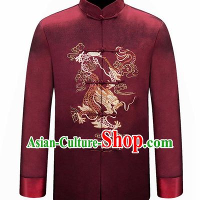 Traditional Chinese Embroidered Dragon Purplish Red Brocade Cotton Padded Coat New Year Tang Suit Stand Collar Overcoat for Old Men