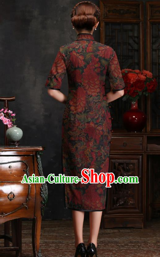 Traditional Chinese Printing Lotus Silk Cheongsam Mother Tang Suit Qipao Dress for Women