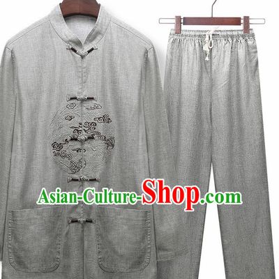 Traditional Chinese Tang Suit Embroidered Grey Silk Outfits Tai Chi Training Costumes for Old Men