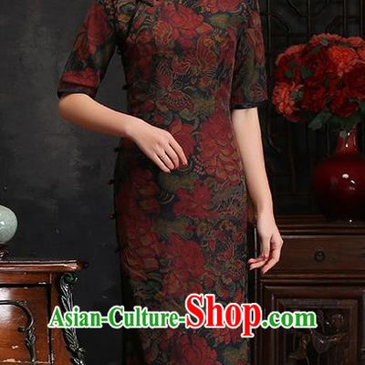 Traditional Chinese Printing Lotus Silk Cheongsam Mother Tang Suit Qipao Dress for Women
