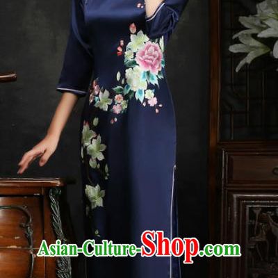 Traditional Chinese Embroidered Peony Navy Silk Cheongsam Mother Tang Suit Qipao Dress for Women