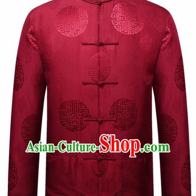 Traditional Chinese Lucky Pattern Red Brocade Cotton Padded Coat New Year Tang Suit Overcoat for Old Men