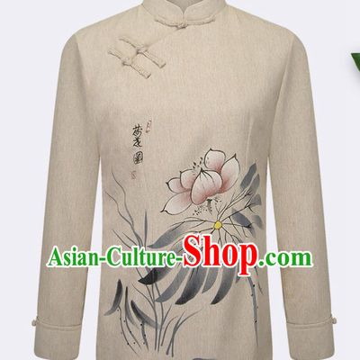 Traditional Chinese Tang Suit Printing Lotus Beige Blouse Tai Chi Training Costumes for Old Women