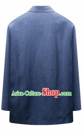Traditional Chinese Blue Woolen Jacket New Year Tang Suit Overcoat for Old Men