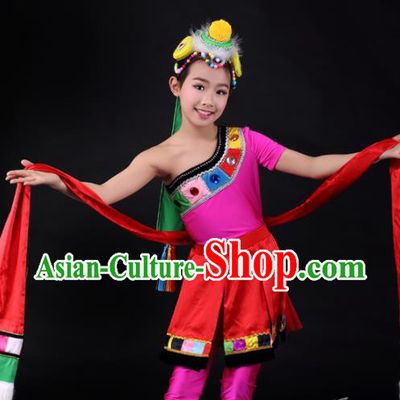 Traditional Chinese Child Zang Nationality Red Dress Ethnic Minority Folk Dance Costume for Kids