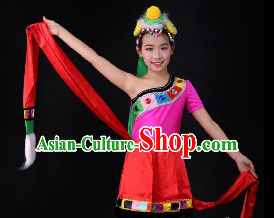 Traditional Chinese Child Zang Nationality Red Dress Ethnic Minority Folk Dance Costume for Kids Traditional Chinese Child Zang Nationality Red Dress Ethnic Minority Folk Dance Costume for Kids