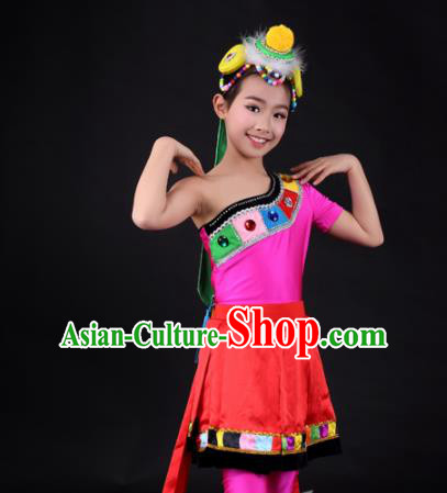 Traditional Chinese Child Zang Nationality Red Dress Ethnic Minority Folk Dance Costume for Kids Traditional Chinese Child Zang Nationality Red Dress Ethnic Minority Folk Dance Costume for Kids