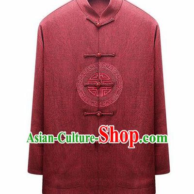 Traditional Chinese Red Woolen Jacket New Year Tang Suit Overcoat for Old Men
