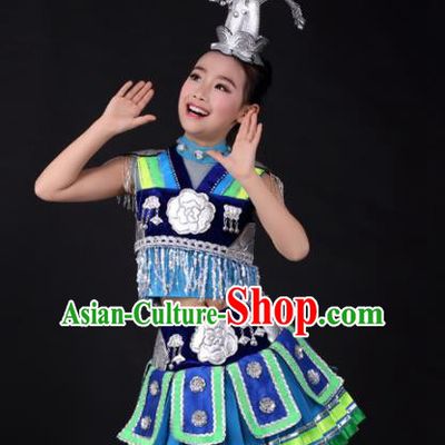 Traditional Chinese Child Miao Nationality Royalblue Short Skirt Ethnic Minority Folk Dance Costume and Headpiece for Kids