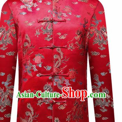 Traditional Chinese Red Cotton Wadded Jacket New Year Tang Suit Overcoat for Old Men