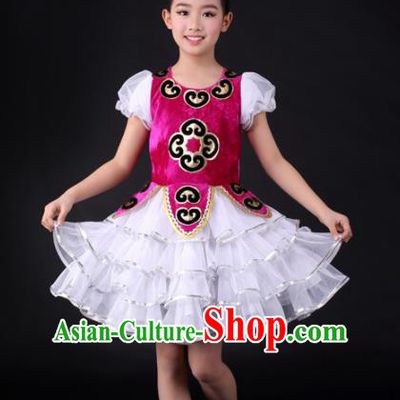 Traditional Chinese Child Kazak Nationality Short Dress Ethnic Minority Folk Dance Costume for Kids