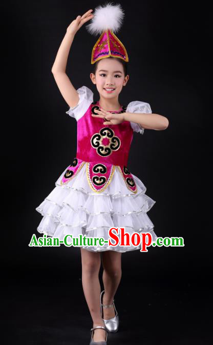 Traditional Chinese Child Kazak Nationality Short Dress Ethnic Minority Folk Dance Costume for Kids