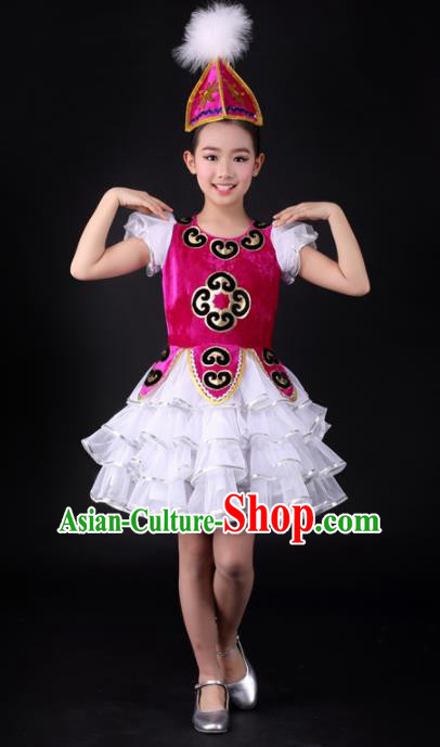 Traditional Chinese Child Kazak Nationality Short Dress Ethnic Minority Folk Dance Costume for Kids