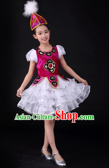 Traditional Chinese Child Kazak Nationality Short Dress Ethnic Minority Folk Dance Costume for Kids